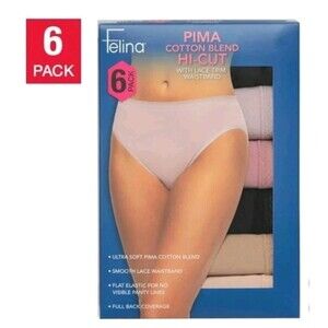 Felina 6-pk Pima Cotton Hi-Cut Lace Trim Panties #7621 Multicolor Women's Size M